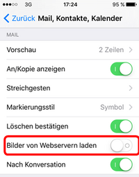 Screenshot iOS: Nachladen von Bildern in Mails deaktivieren